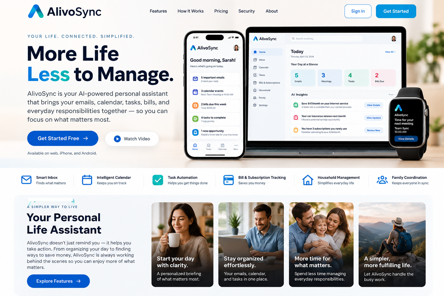 AlivoSync brand concept showing a responsive landing page and personal assistant dashboard